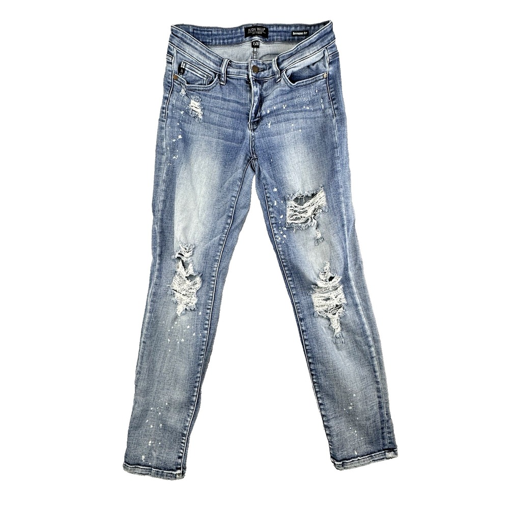 Judy Blue Jeans Womens 7/28 Boyfriend Fit Distressed Ripped Stretch JB82169LT